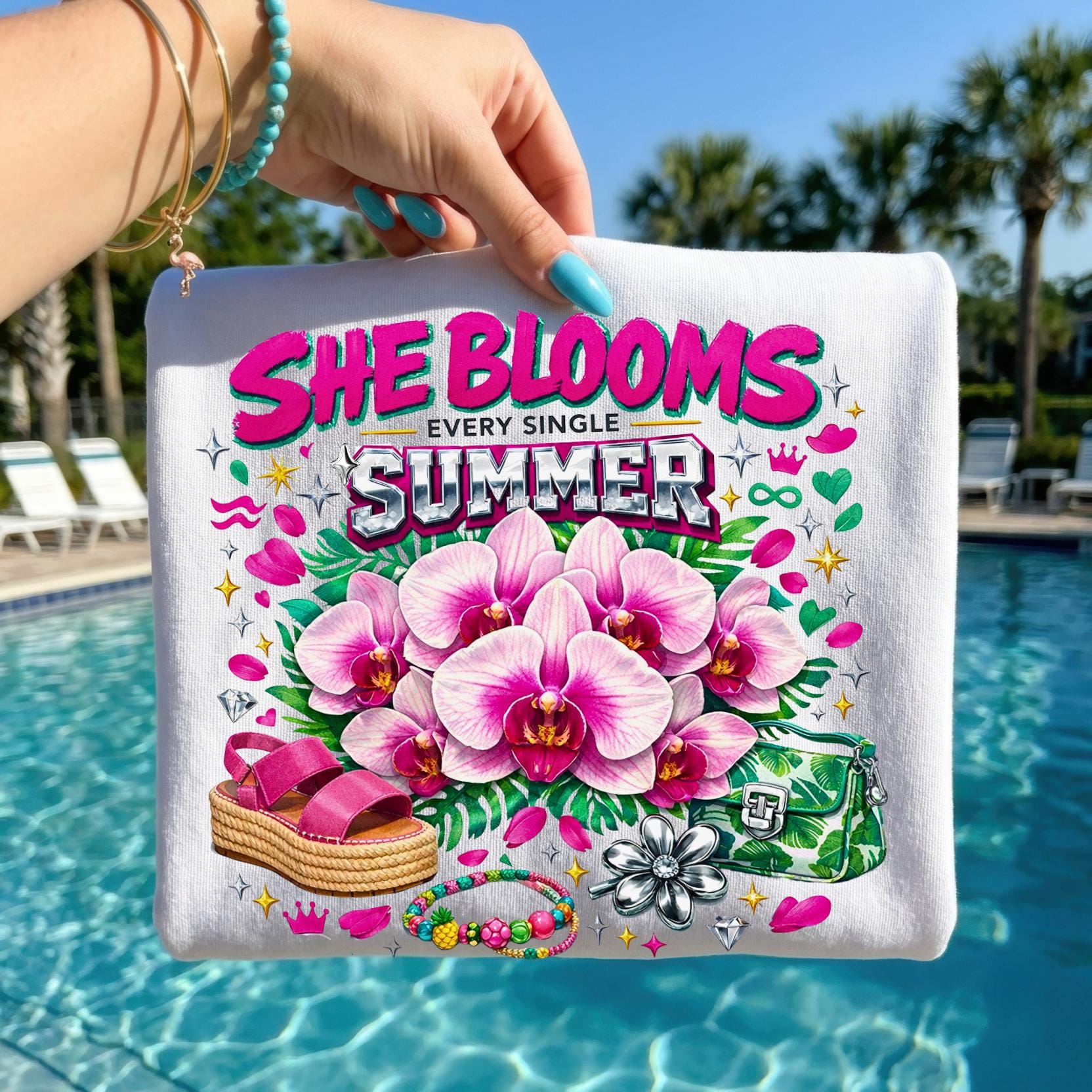 She Blooms Pink Orchid Summer T-Shirt | Botanical Garden Casual Tee