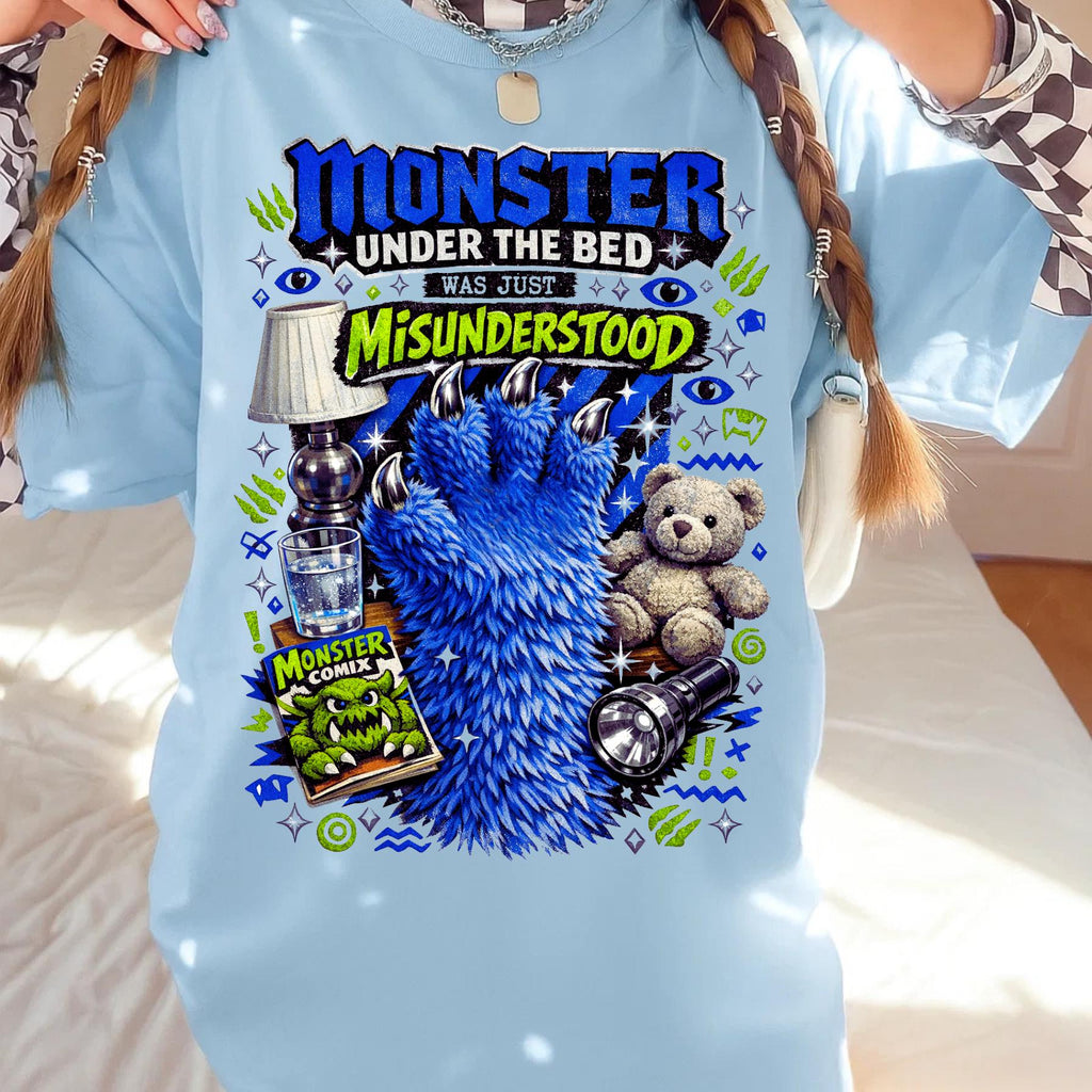 Monster Under Bed Graphic Tee | Garment-Dyed Relaxed Fit Unisex Shirt