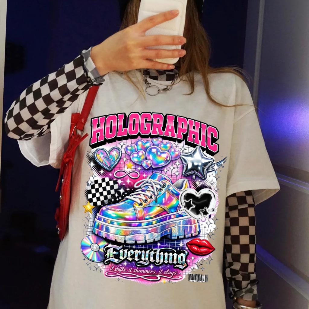 Holographic Sneaker Graphic T-Shirt | Rainbow Shoe Hearts Checkerboard Tee Unisex Streetwear