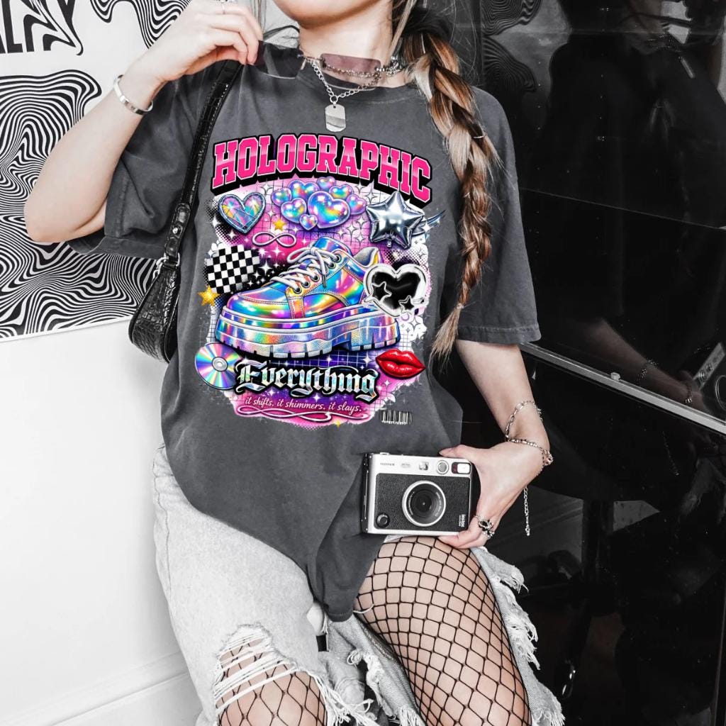 Holographic Sneaker Graphic T-Shirt | Rainbow Shoe Hearts Checkerboard Tee Unisex Streetwear