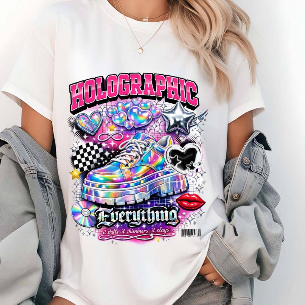 Holographic Sneaker Graphic T-Shirt | Rainbow Shoe Hearts Checkerboard Tee Unisex Streetwear