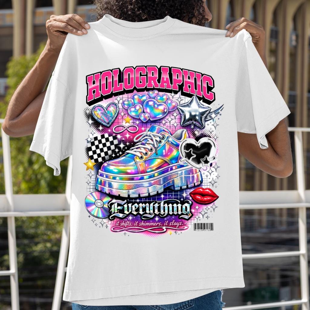 Holographic Sneaker Graphic T-Shirt | Rainbow Shoe Hearts Checkerboard Tee Unisex Streetwear