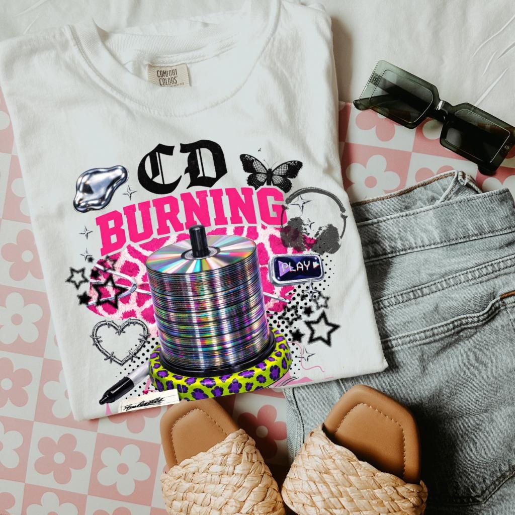 CD Burning Graphic T-Shirt | Retro Disc Pop Art Elements Vintage Music Tee Unisex Style