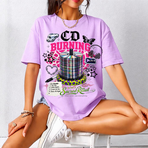 CD Burning Graphic T-Shirt | Retro Disc Pop Art Elements Vintage Music Tee Unisex Style