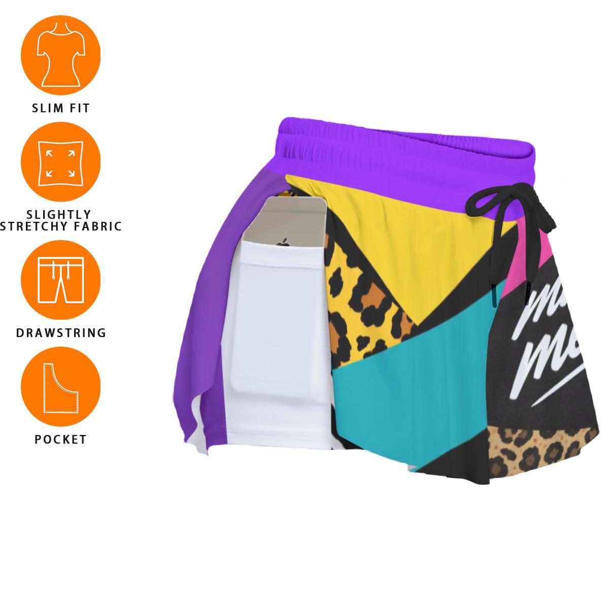 Y2K Retro Colorblock Athletic Shorts, 90s Neon Workout Double Layer Shorts