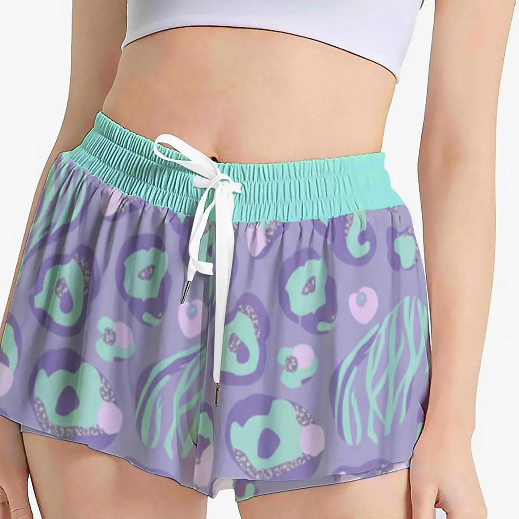 Y2K Pastel Leopard Athletic Shorts, Double Layer Running Shorts, Retro Workout Summer Activewear