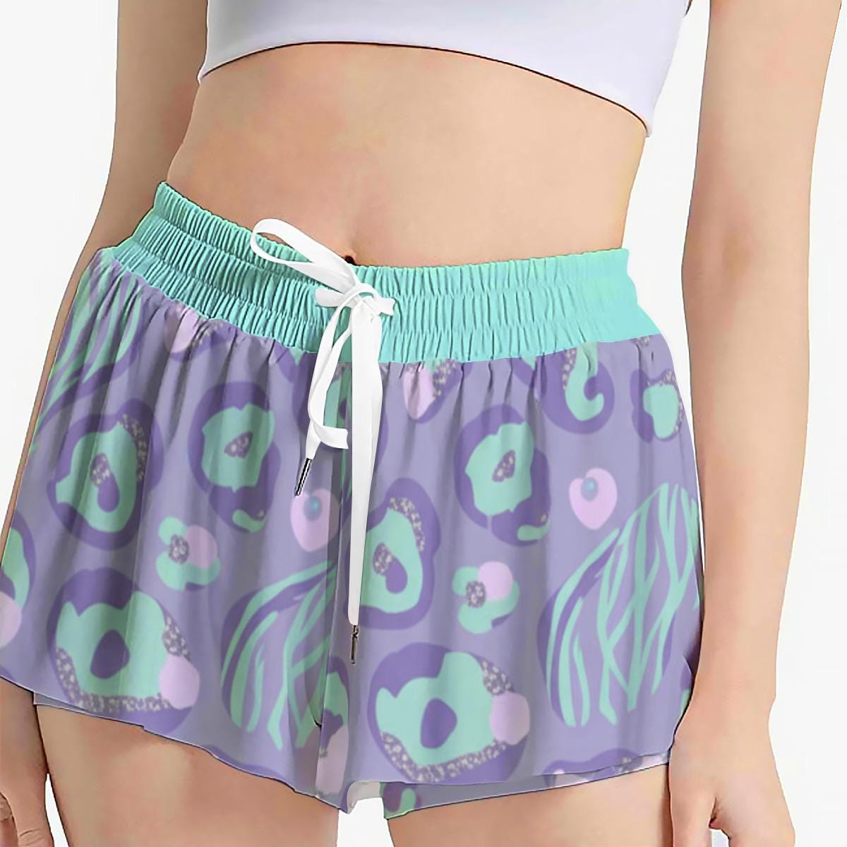 Y2K Pastel Leopard Athletic Shorts, Double Layer Running Shorts, Retro Workout Summer Activewear