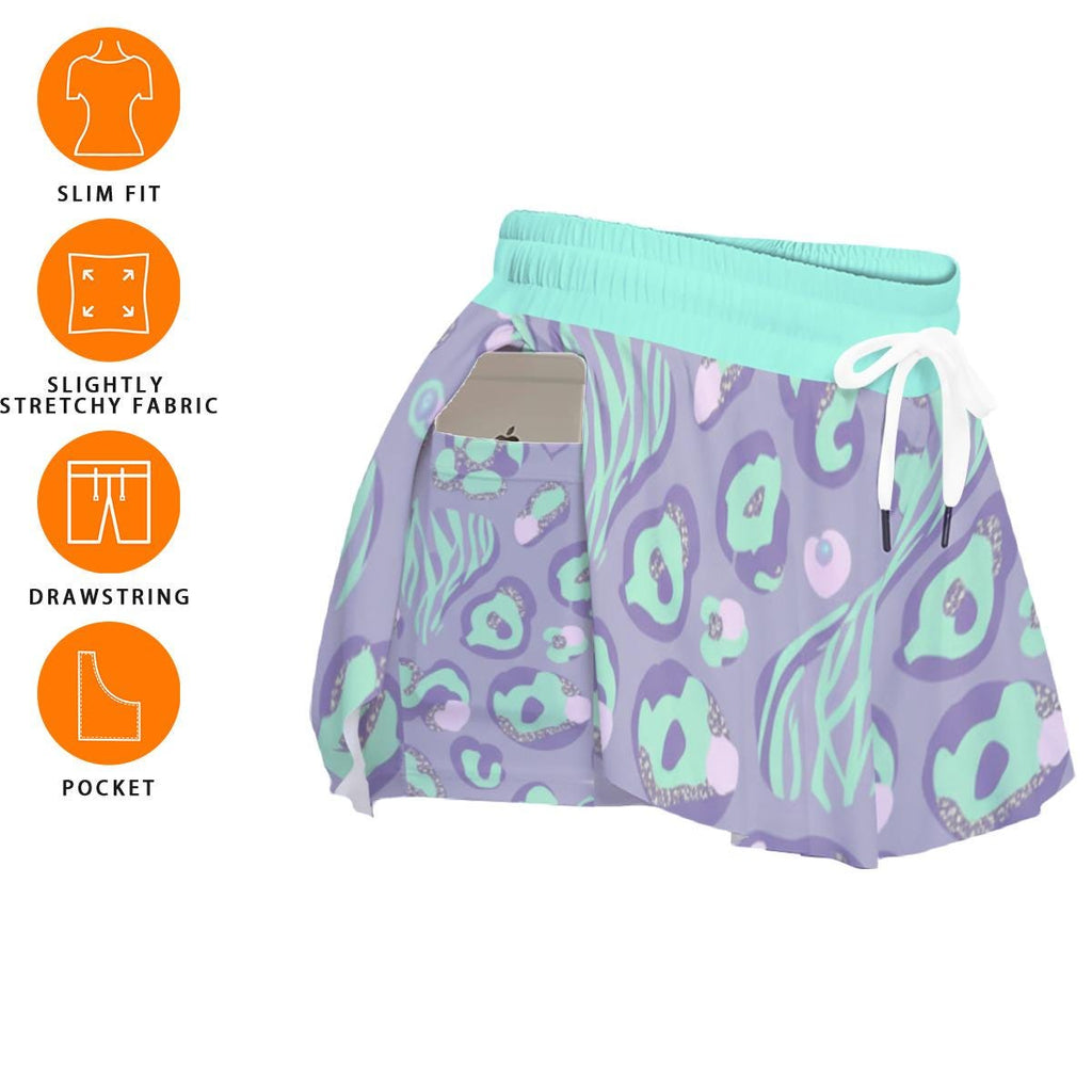 Y2K Pastel Leopard Athletic Shorts, Double Layer Running Shorts, Retro Workout Summer Activewear
