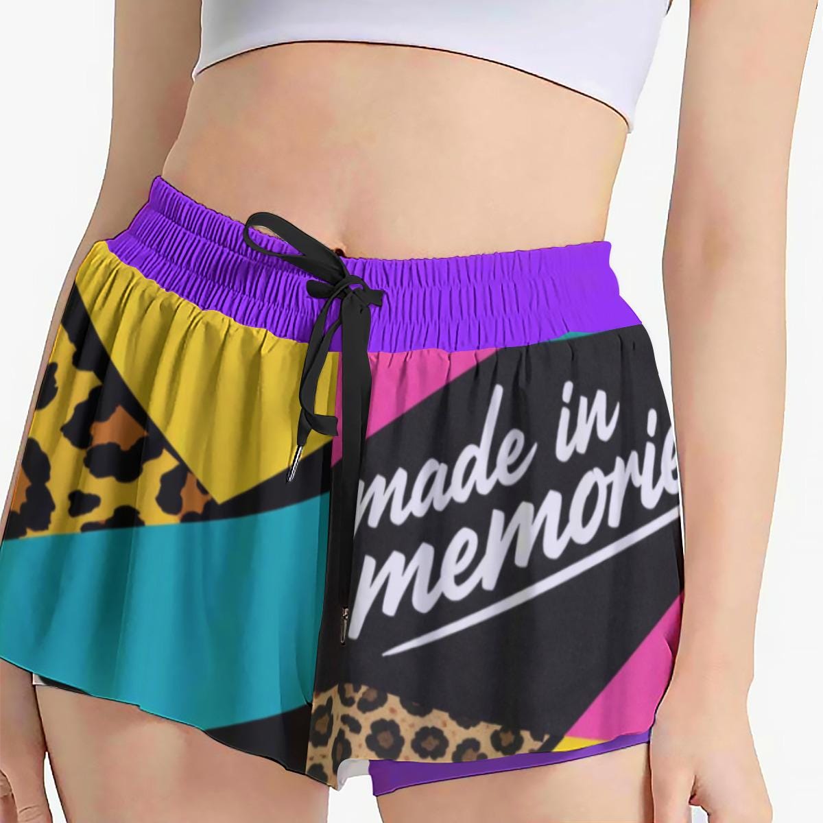Y2K Retro Colorblock Athletic Shorts, 90s Neon Workout Double Layer Shorts