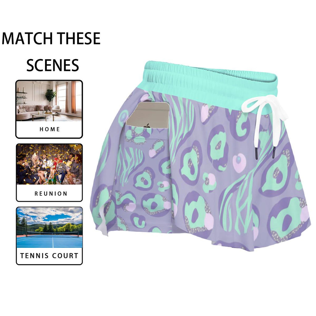 Y2K Pastel Leopard Athletic Shorts, Double Layer Running Shorts, Retro Workout Summer Activewear