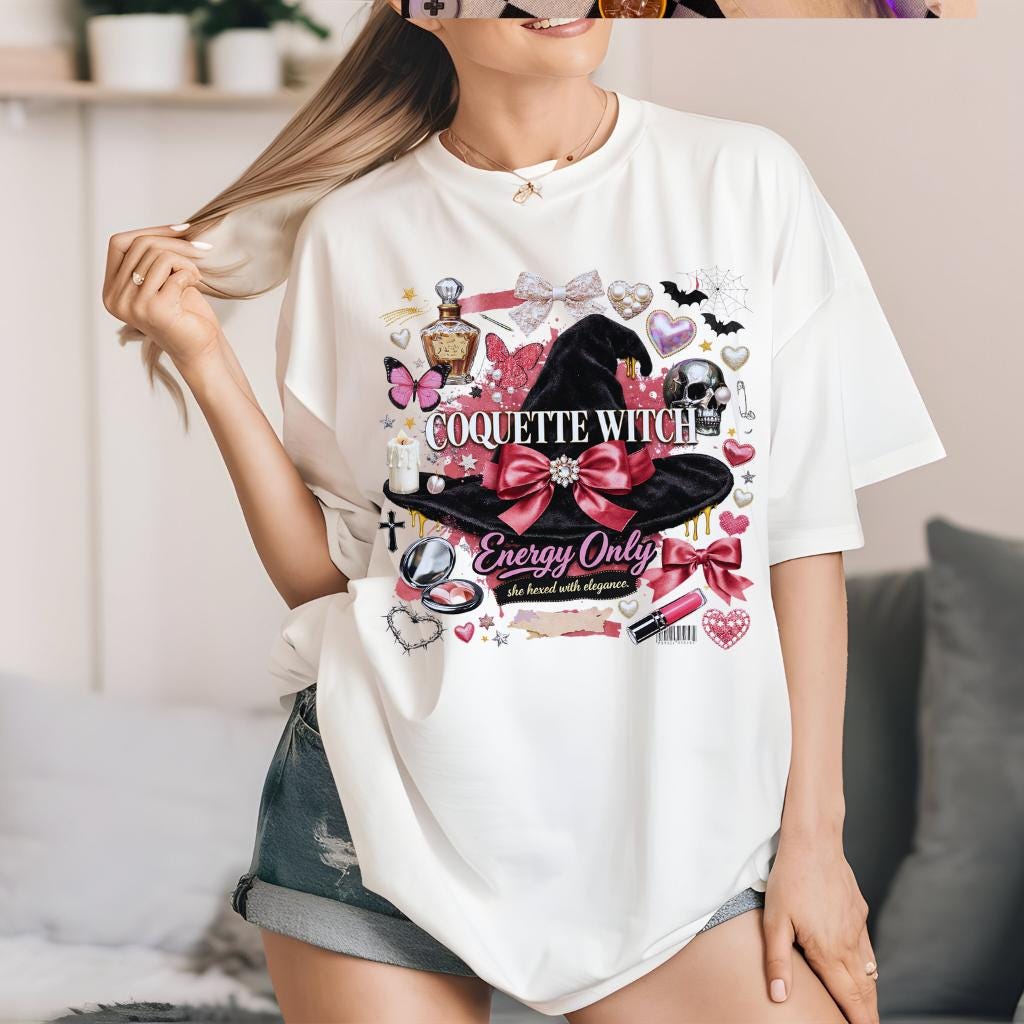 Coquette Witch graphic tee | Witch hat, bows, hearts, potion bottle