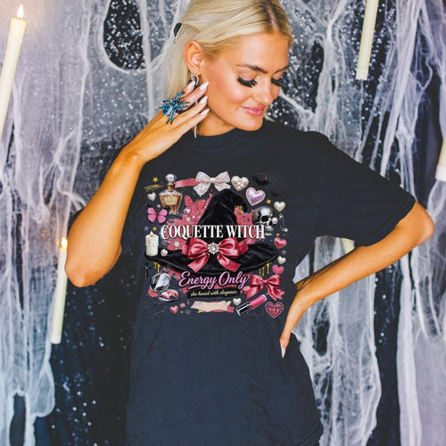 Coquette Witch graphic tee | Witch hat, bows, hearts, potion bottle