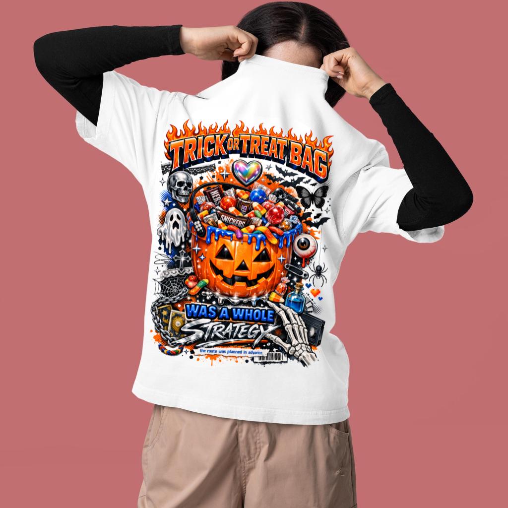 Trick or Treat Bag pumpkin strategy T-Shirt | Halloween candy jack-o'-lantern design