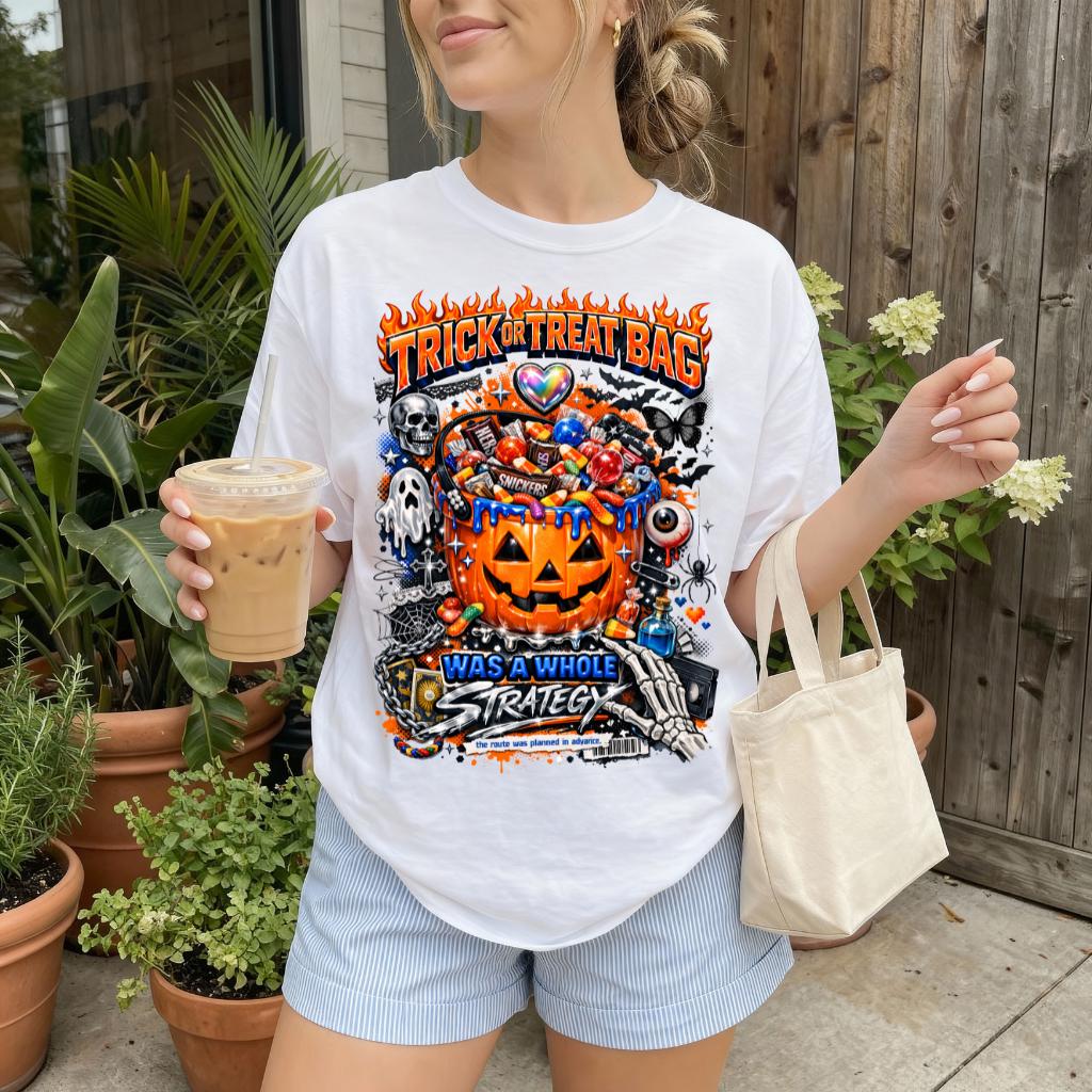 Trick or Treat Bag pumpkin strategy T-Shirt | Halloween candy jack-o'-lantern design