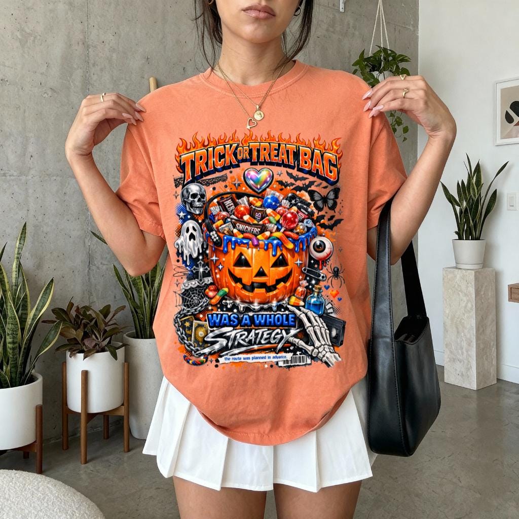Trick or Treat Bag pumpkin strategy T-Shirt | Halloween candy jack-o'-lantern design
