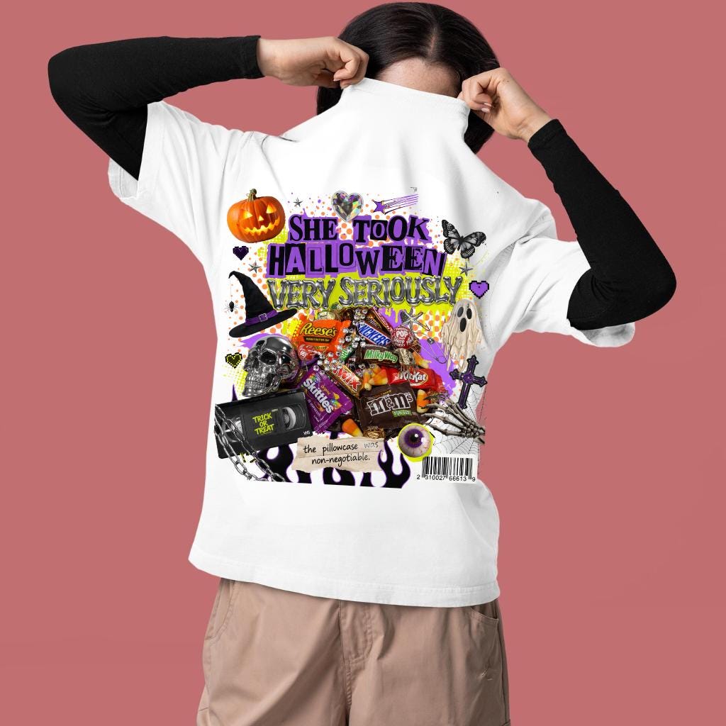 She Took Halloween Collage T-Shirt | Candy Pumpkins Spooky Elements Gothic Witchy Alternative Unisex Tee
