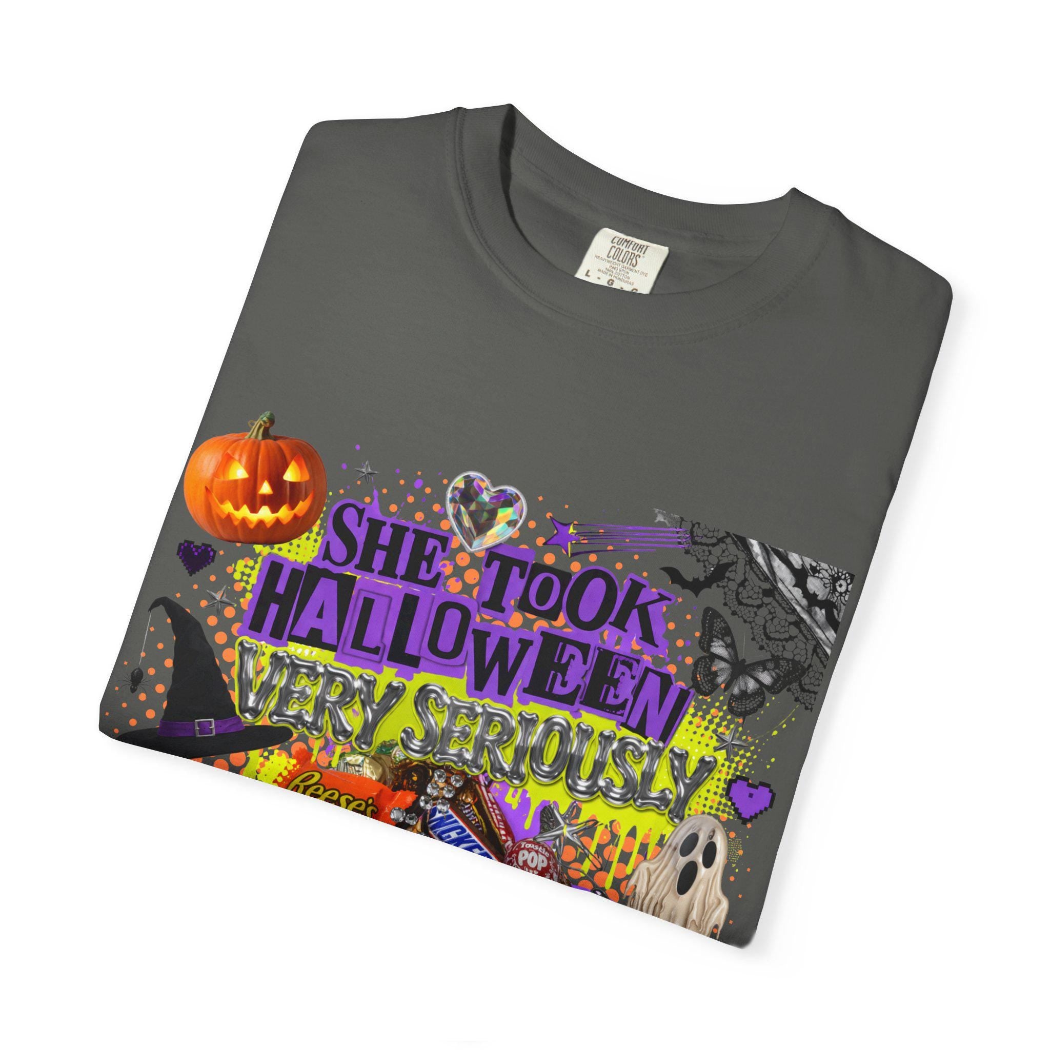 She Took Halloween Collage T-Shirt | Candy Pumpkins Spooky Elements Gothic Witchy Alternative Unisex Tee