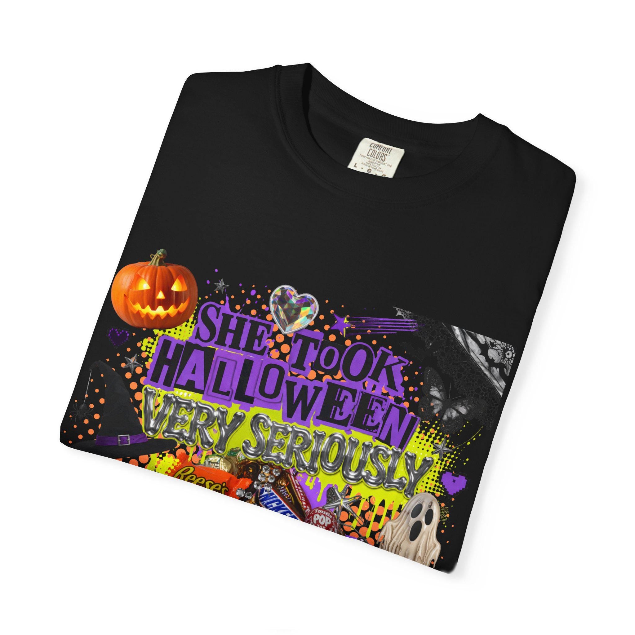 She Took Halloween Collage T-Shirt | Candy Pumpkins Spooky Elements Gothic Witchy Alternative Unisex Tee