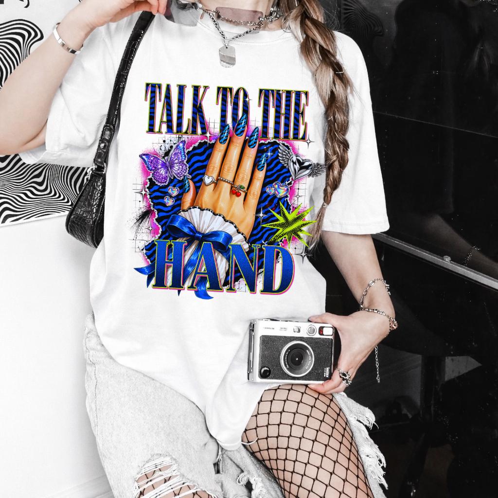Talk To The Hand Graphic Tee | Retro Blue Roses Slogan Unisex Shirt