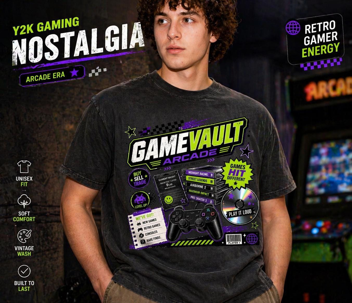 Game Vault Arcade Shirt, Y2K Retro Gaming Tee, Vintage Wash Streetwear Graphic