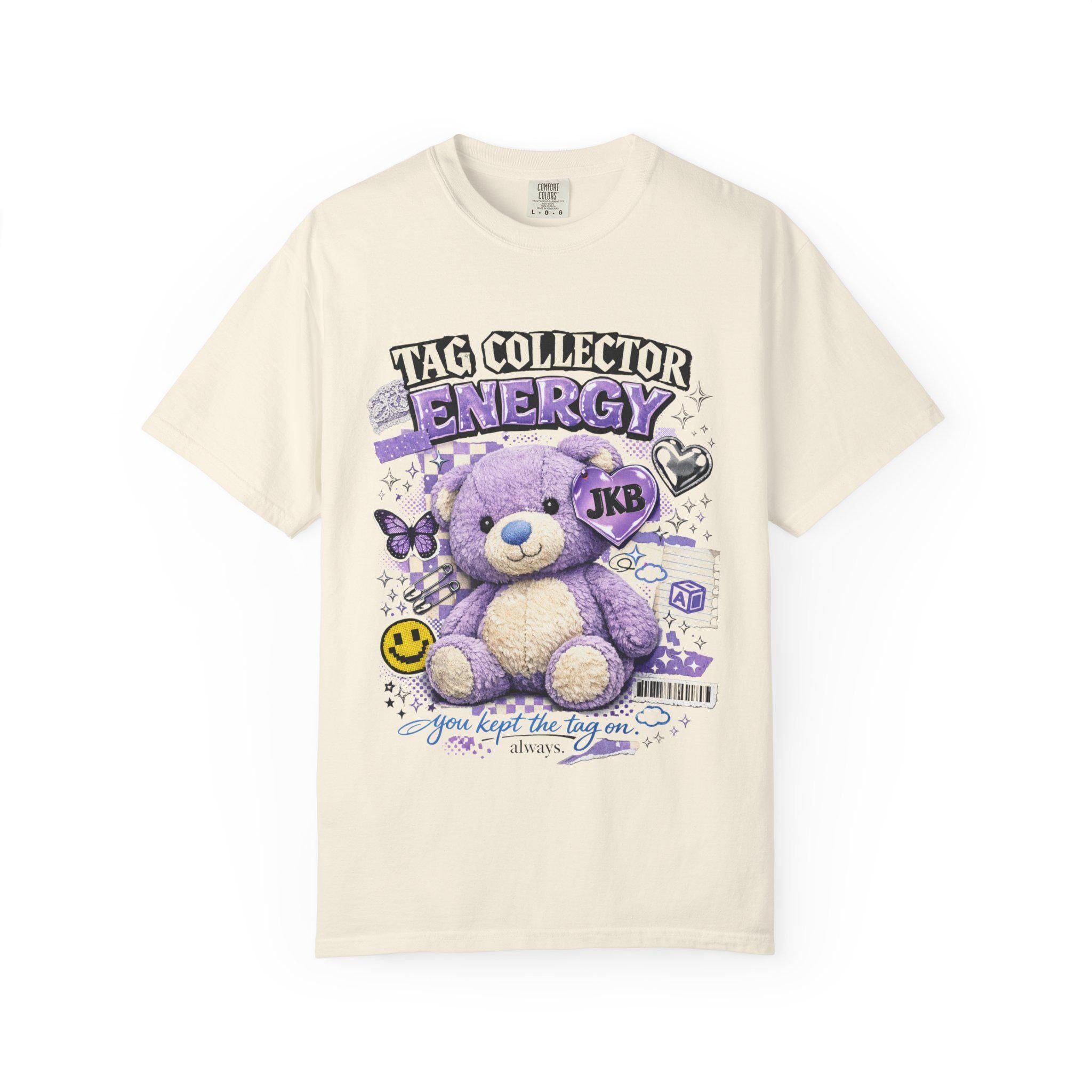 Tag Collector Energy teddy bear T-Shirt | purple kawaii graphic tee
