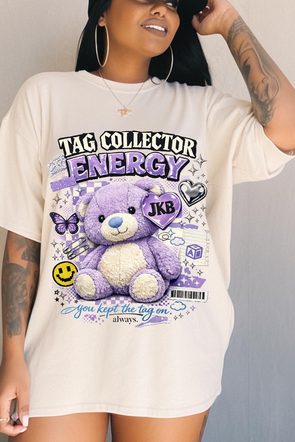 Tag Collector Energy teddy bear T-Shirt | purple kawaii graphic tee