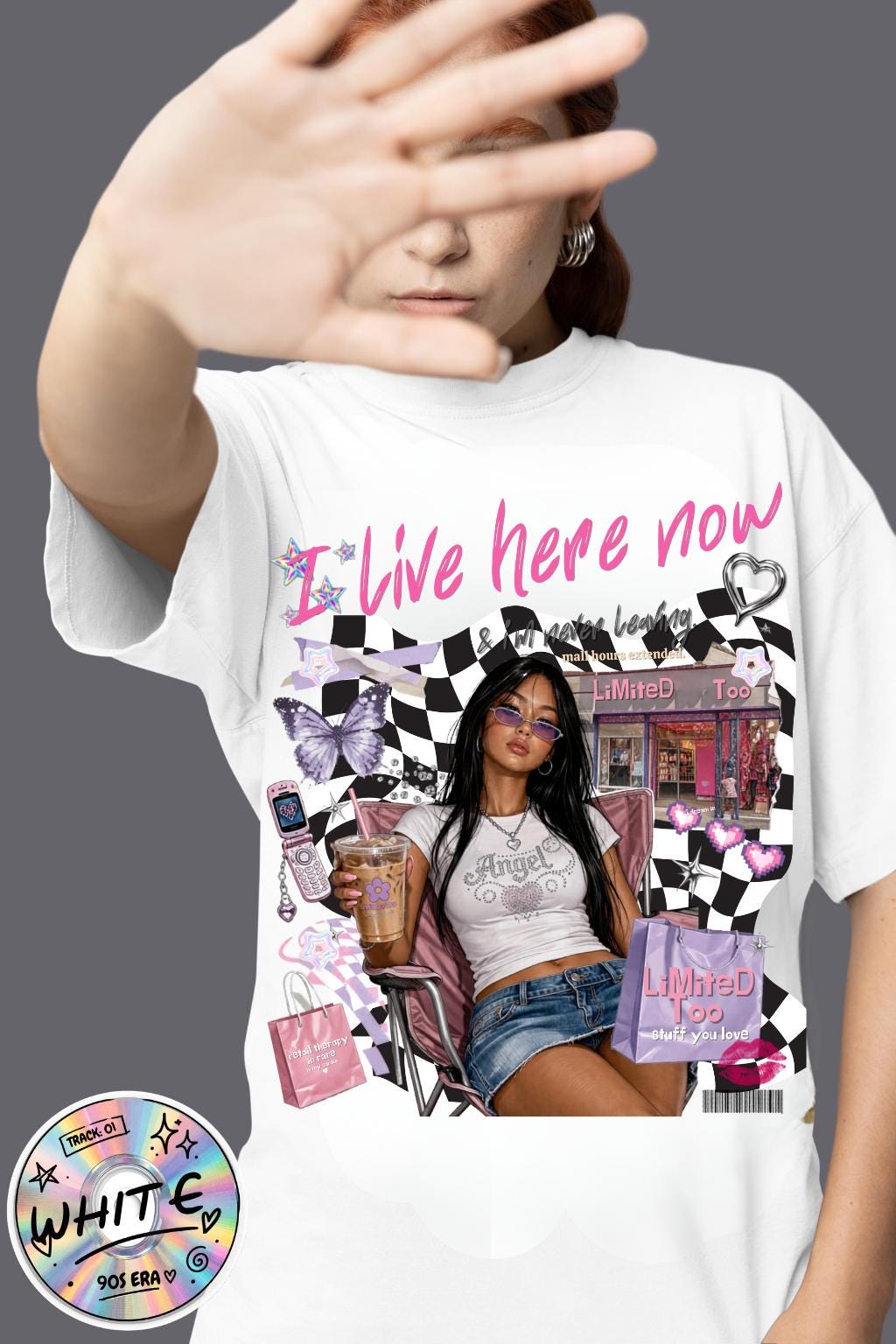 I Live Here Now graphic tee | Retro diner girl illustration, checkered collage