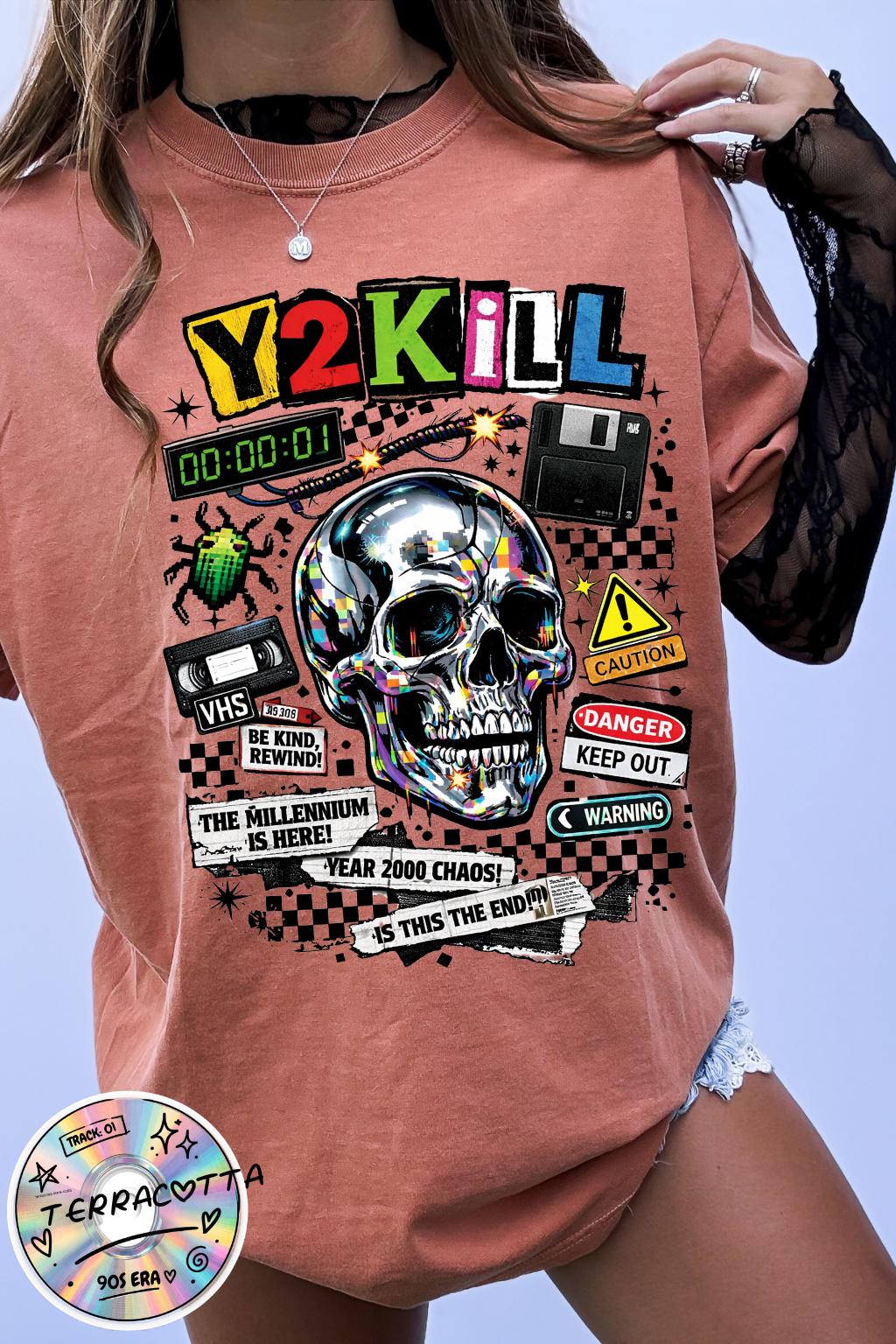 Y2K Skull Collage T-Shirt | Retro Tech, Floppy Disk, Checkerboard