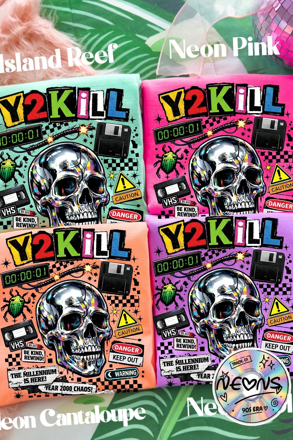 Y2K Skull Collage T-Shirt | Retro Tech, Floppy Disk, Checkerboard