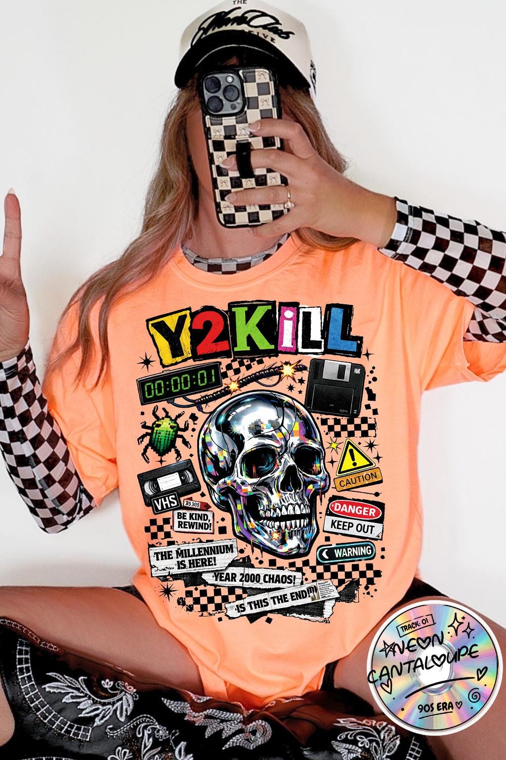 Y2K Skull Collage T-Shirt | Retro Tech, Floppy Disk, Checkerboard