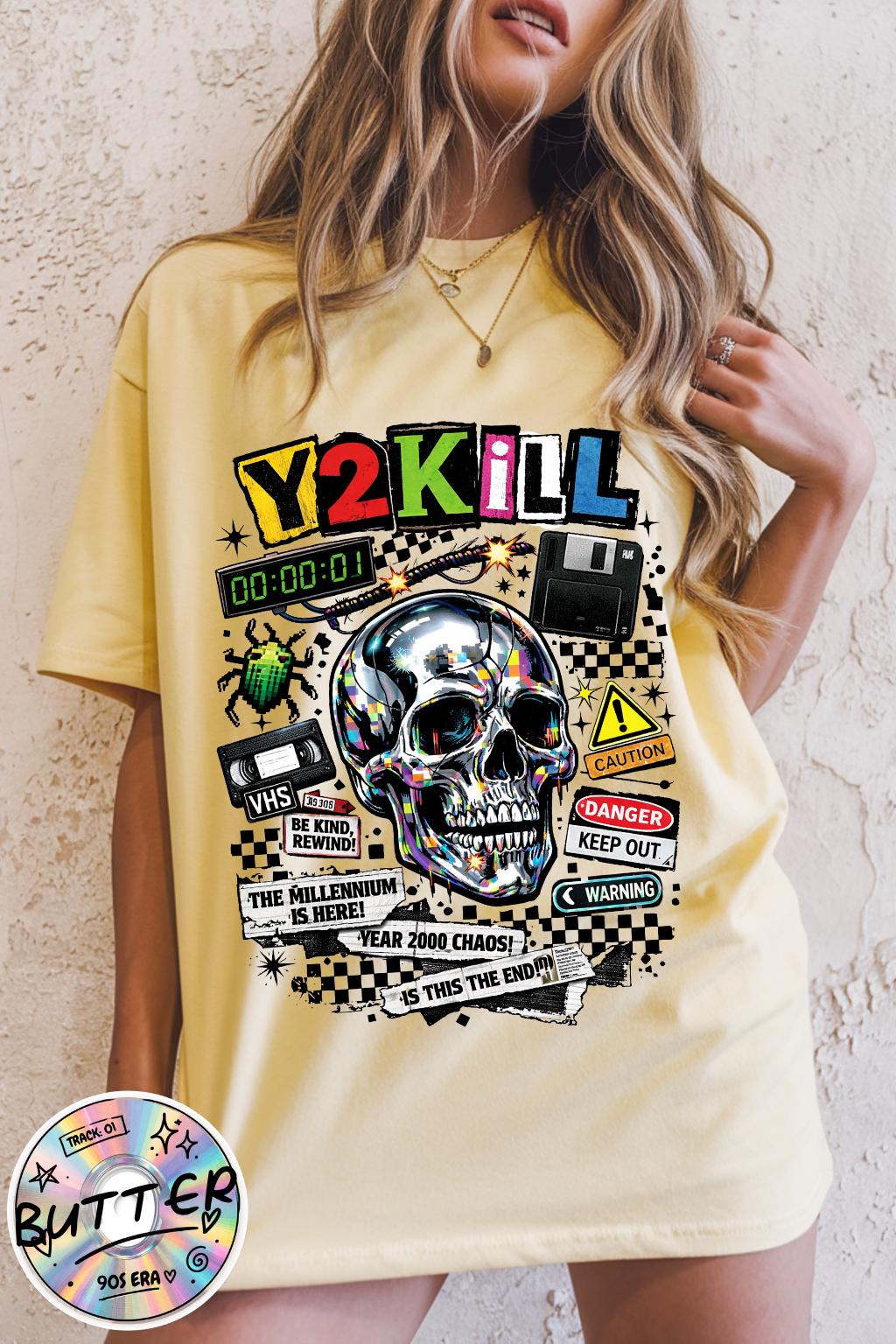 Y2K Skull Collage T-Shirt | Retro Tech, Floppy Disk, Checkerboard