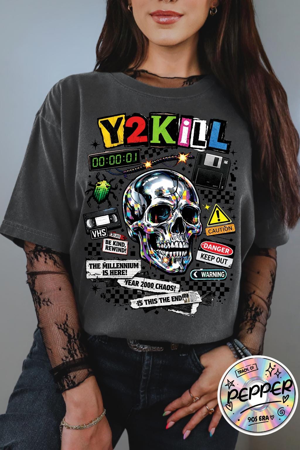 Y2K Skull Collage T-Shirt | Retro Tech, Floppy Disk, Checkerboard