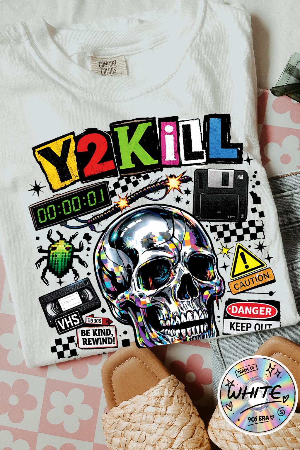 Y2K Skull Collage T-Shirt | Retro Tech, Floppy Disk, Checkerboard