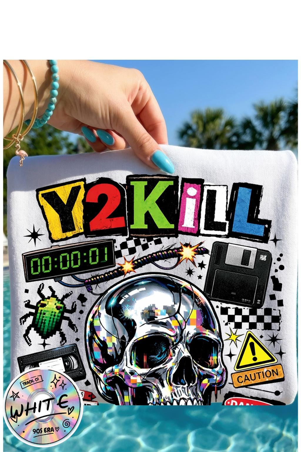 Y2K Skull Collage T-Shirt | Retro Tech, Floppy Disk, Checkerboard