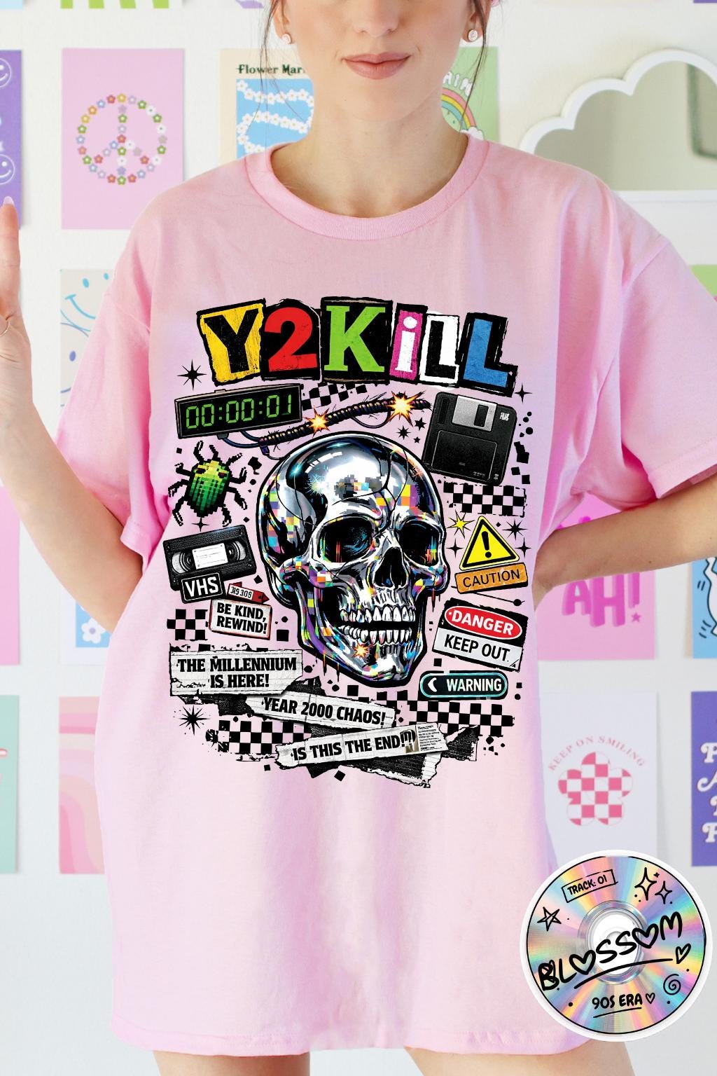 Y2K Skull Collage T-Shirt | Retro Tech, Floppy Disk, Checkerboard