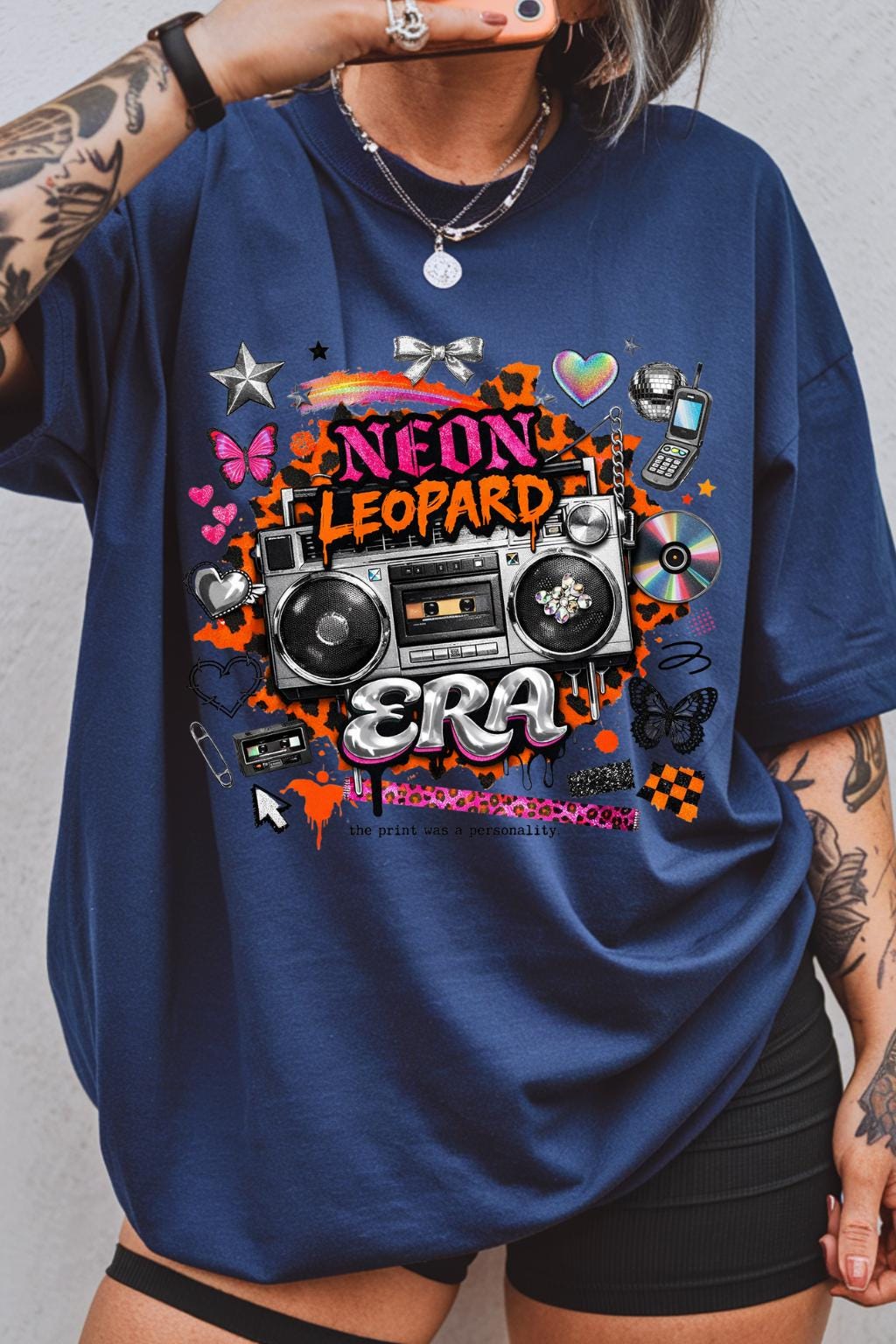 Neon Leopard Boombox Graphic T-shirt | Retro 80s Music Art