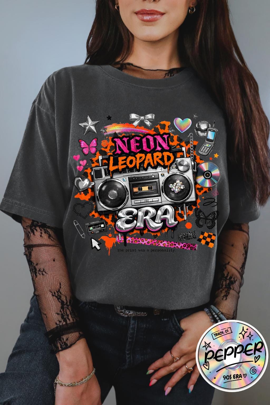 Neon Leopard Boombox Graphic T-shirt | Retro 80s Music Art