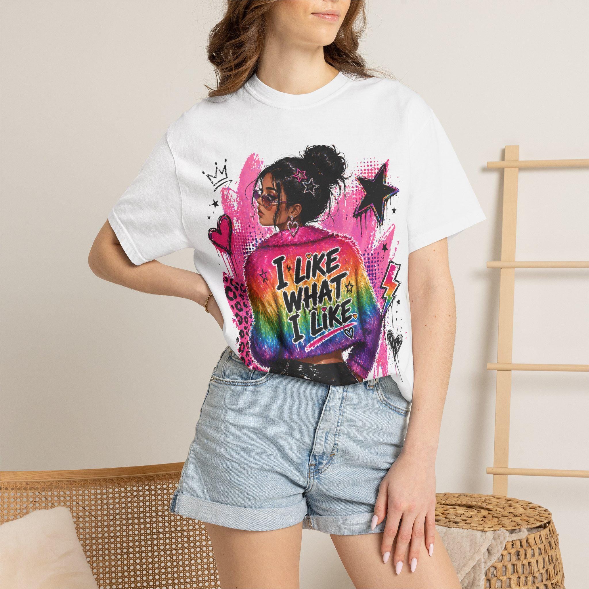 I Like What Rainbow Graphic Tee, Y2K Statement Top, Bold Grunge Shirt
