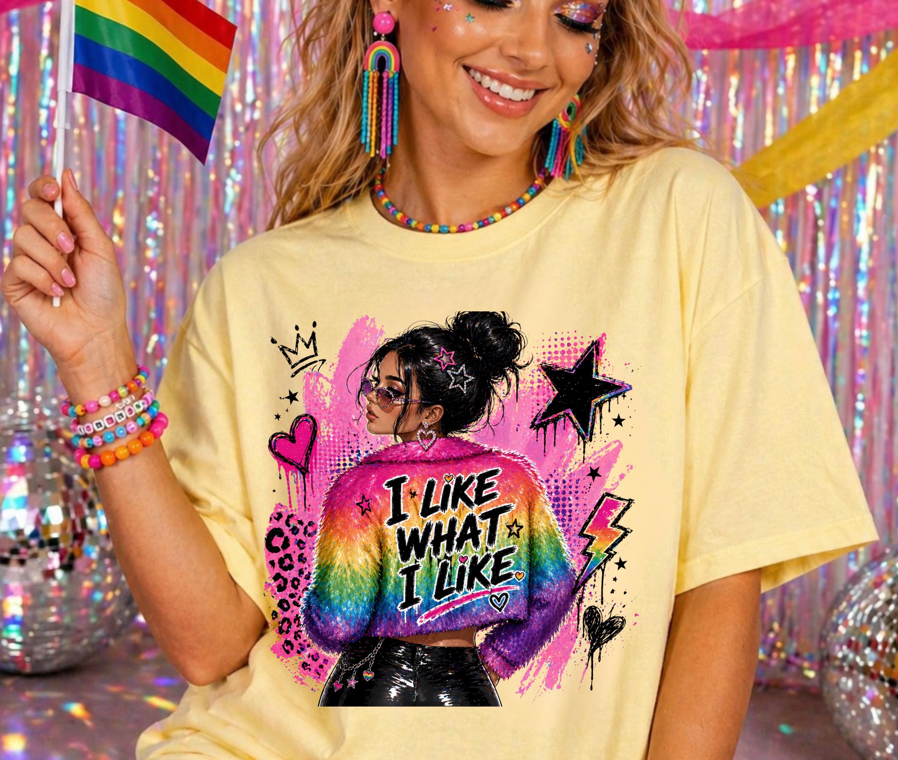 I Like What Rainbow Graphic Tee, Y2K Statement Top, Bold Grunge Shirt