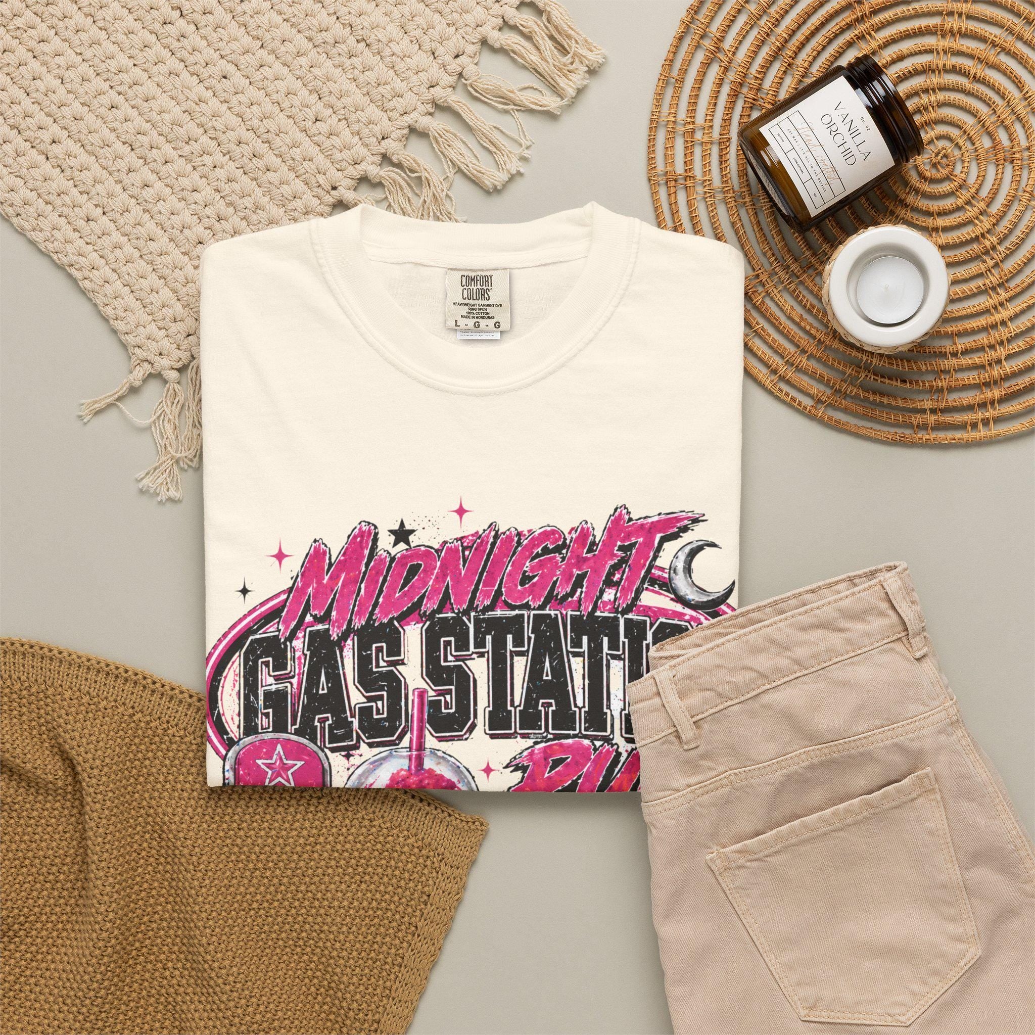 Midnight Gas Station Run T-shirt | Retro Neon Pump, Soda Cup, Receipt Graphic