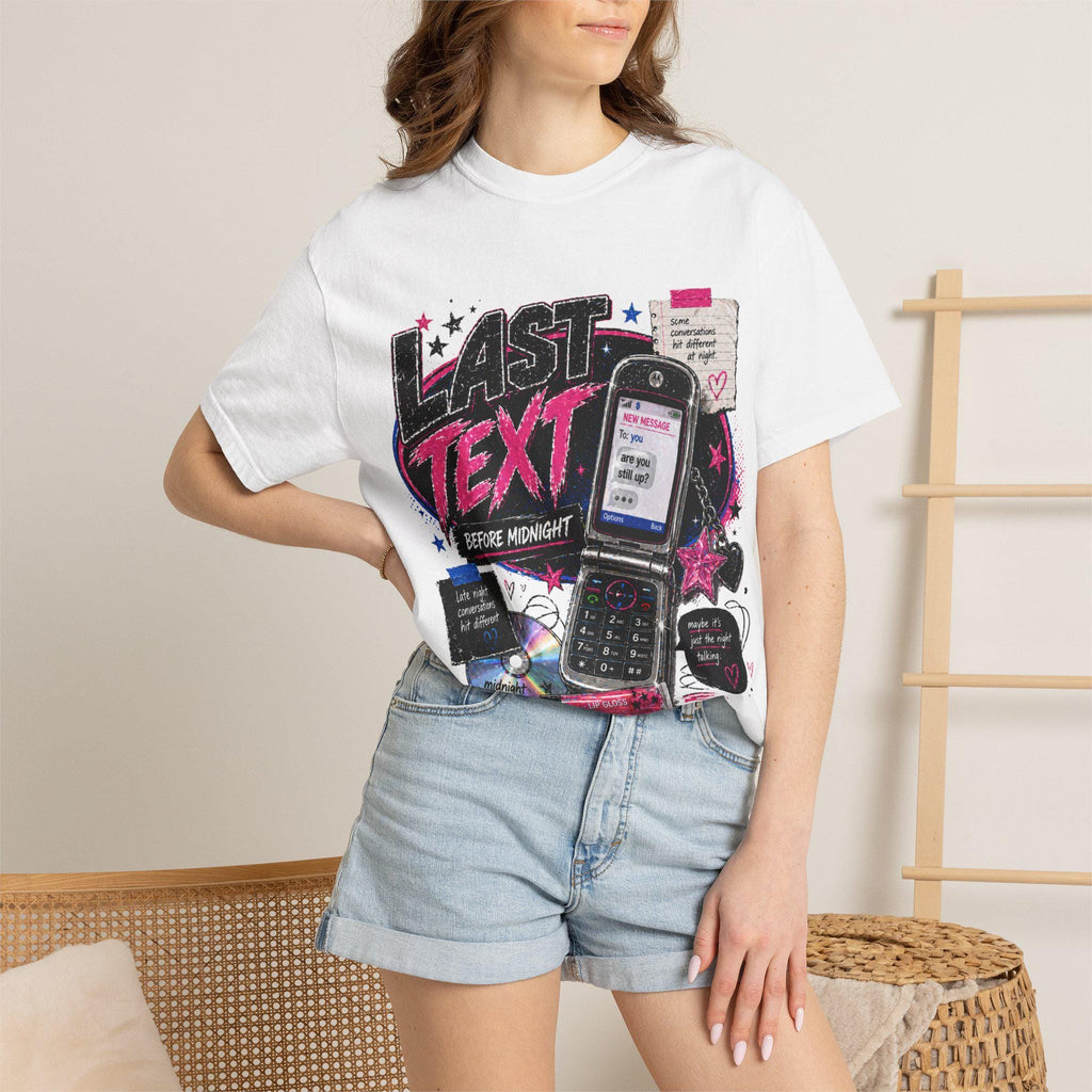 Last Text Before Midnight T-shirt | Retro Cellphone Graphic, 2000s Nostalgia