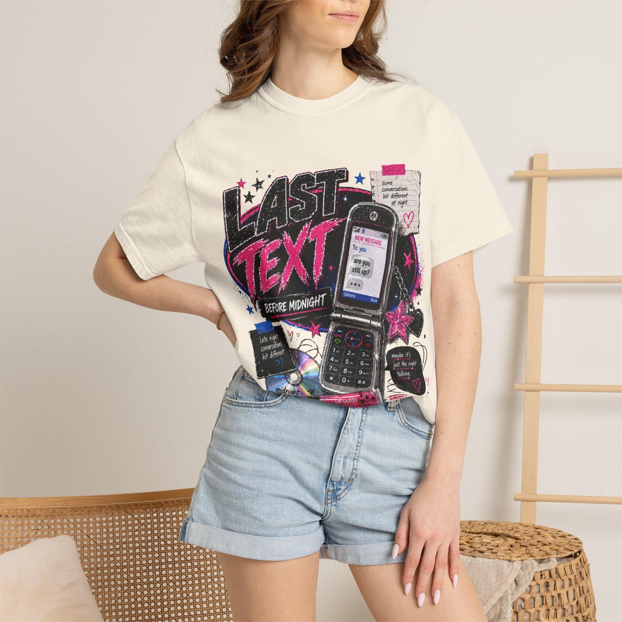 Last Text Before Midnight T-shirt | Retro Cellphone Graphic, 2000s Nostalgia