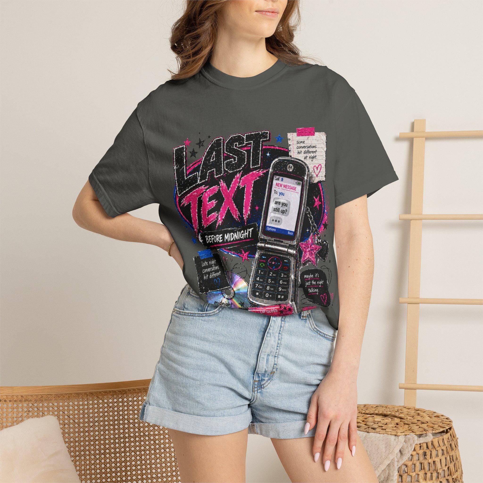 Last Text Before Midnight T-shirt | Retro Cellphone Graphic, 2000s Nostalgia