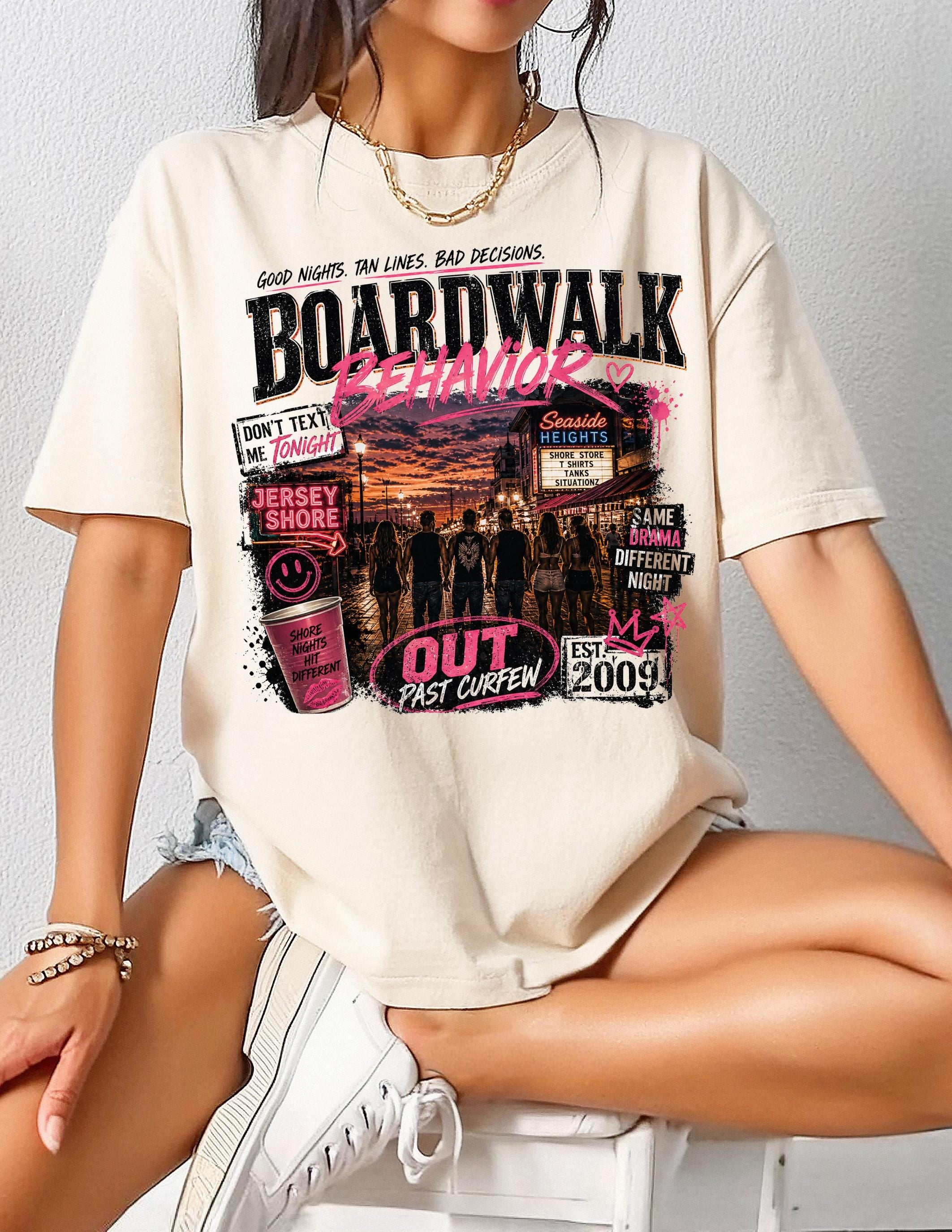 Boardwalk Behavior Beach Scene T-shirt | Jersey Shore Sunset Graphic