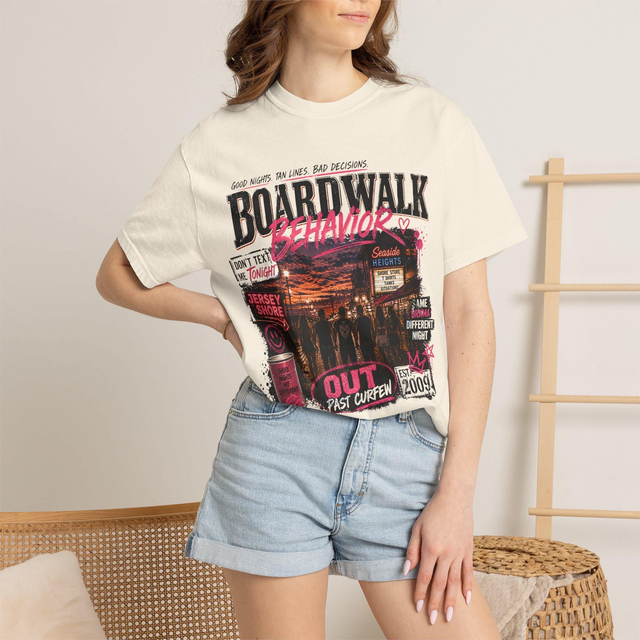 Boardwalk Behavior Beach Scene T-shirt | Jersey Shore Sunset Graphic