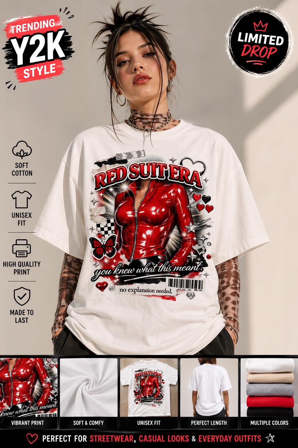 Red Suit Era Shirt, Y2K Aesthetic Tee, Baddie Graphic Tee, Viral Outfit Shirt, 2000s Fashion Top, Trendy Streetwear Tee