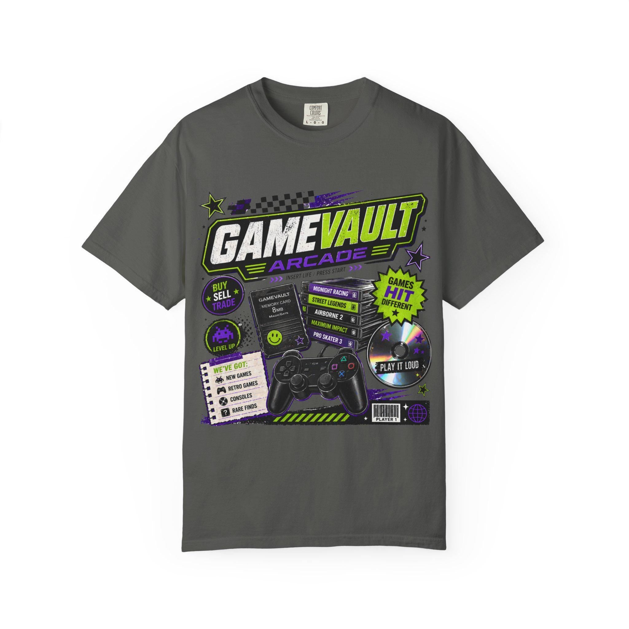 Game Vault Arcade Shirt, Y2K Retro Gaming Tee, Vintage Wash Streetwear Graphic
