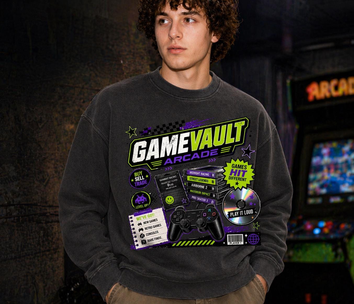 Game Vault Arcade Shirt, Y2K Retro Gaming Tee, Vintage Wash Streetwear Graphic