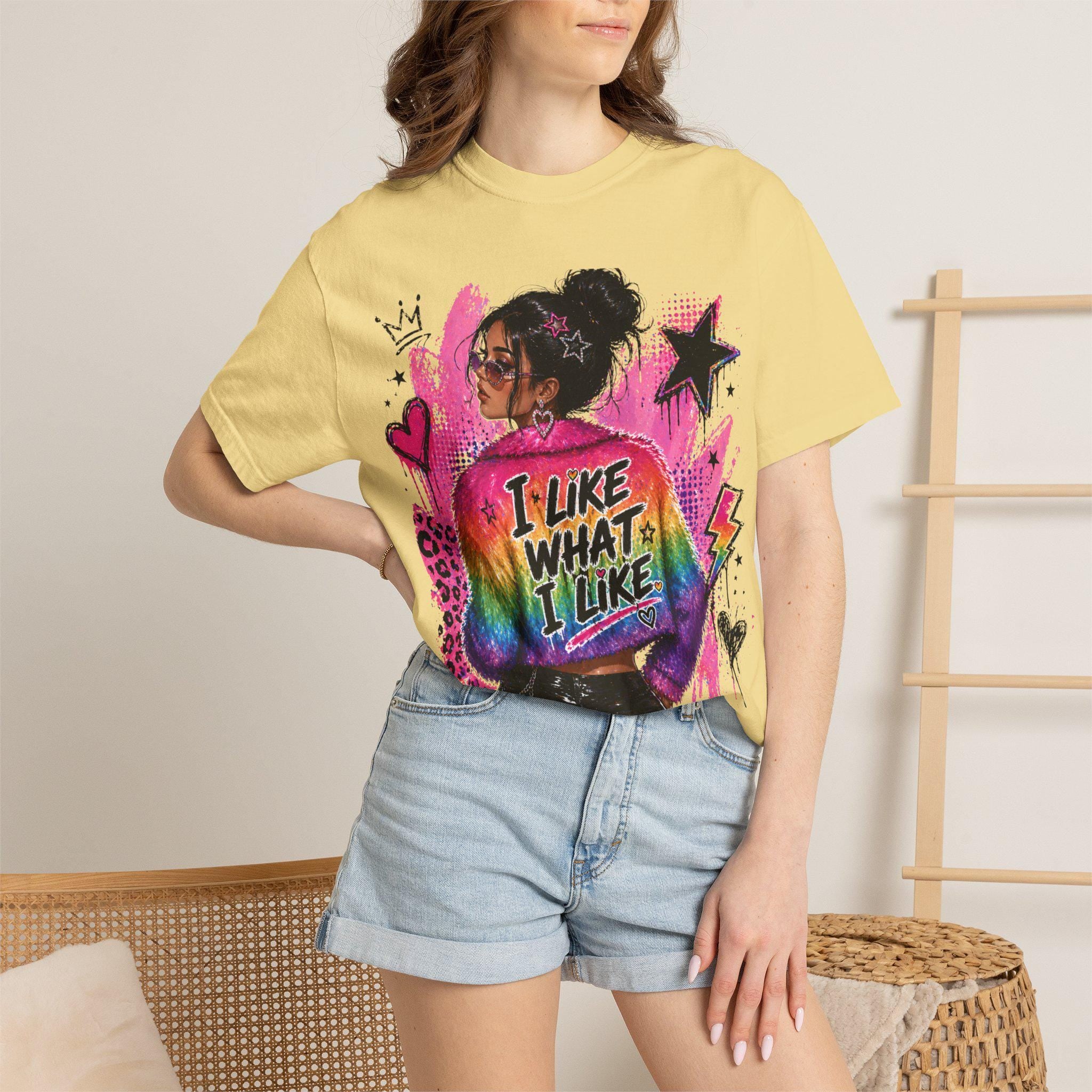 I Like What Rainbow Graphic Tee, Y2K Statement Top, Bold Grunge Shirt