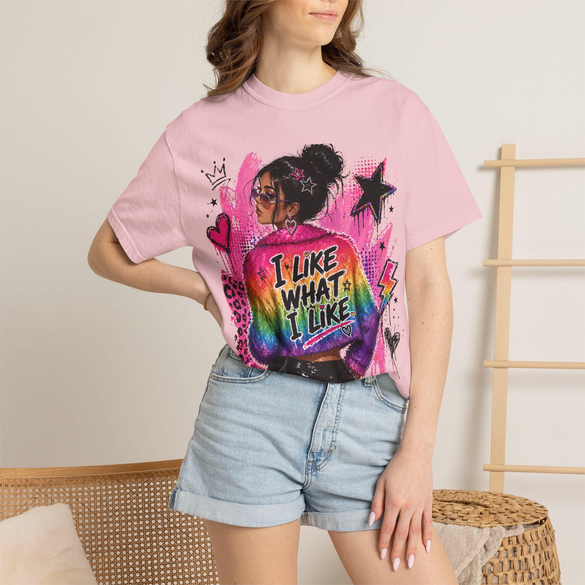I Like What Rainbow Graphic Tee, Y2K Statement Top, Bold Grunge Shirt